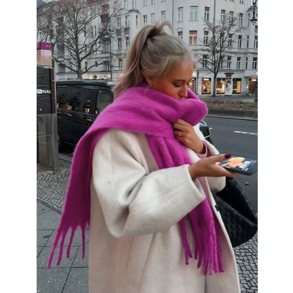 Magenta Wide Shawl Scarf With Tassels Fuzzy Knit